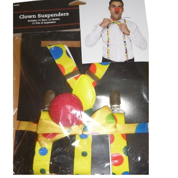 Mens Adult Teen Fun World Halloween CLOWN Kit Suspenders Red Nose Bow Tie NWT - Picture 1 of 2